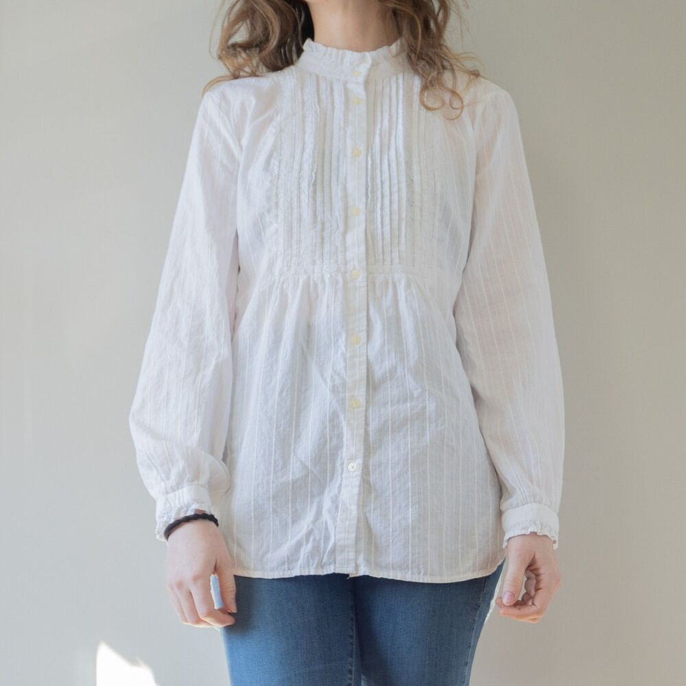 White Button Down High Collar Coquette Regency Cottage Dressy Women's Top - Picture 2 of 9